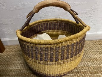 Wonderful Woven Market Basket With Liner And Leather Handle