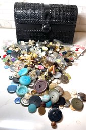 Large Variety Of Vintage Buttons In Black Woven Treasure Chest Box
