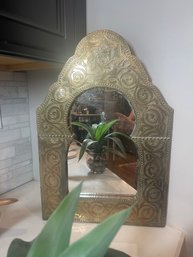 Vintage Etched And Carved,Brass Mirror With Decorative Studs.