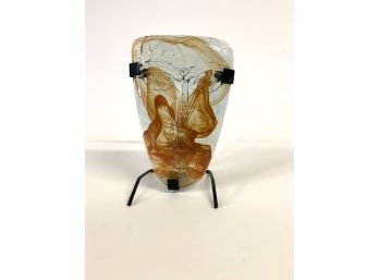 Mexican Glass Mask And Candle Holder W/ Metal Stand Approx. 10 X 7 Inches