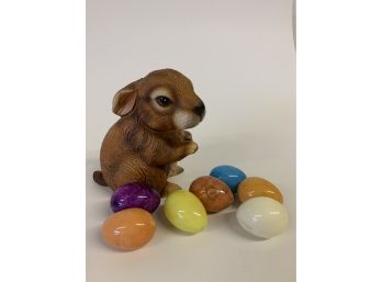 Hand Painted Global Art Porcelain Bunny  With Marble Eggs Approx. 5 Inches Tall