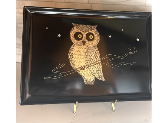 Adorable Couroc Of California OWL Serving Tray, INLAID WOOD AND BRASS.