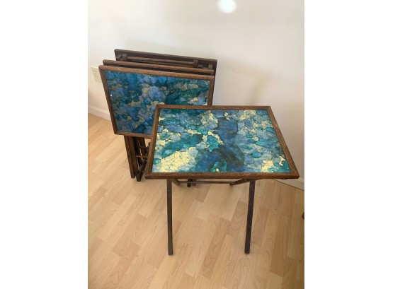 Fabulous Mid Century TV Tray Set With Blue Foil Top