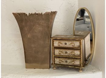 Trio Of Gold With A Small Florentine Jewelry Box, Vase And Mirror