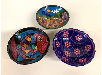 Three Colorful Hand Painted Mexican Ceramic Bowls Approx. 5.5 Inches