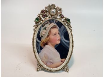 Sweet Vintage Metal Framed Holiday Little Girl Picture As Is