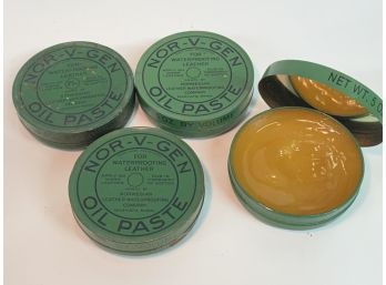 4 Vintage Cans Of Nor-v-gen Oil Paste, One With Product