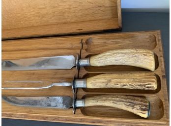 3 Piece Antler Handle Carving Set With Wood Box