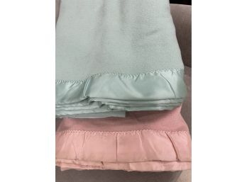 Vintage Satin Trimmed Wool Blankets. Set Of 2 - Pink And Green!