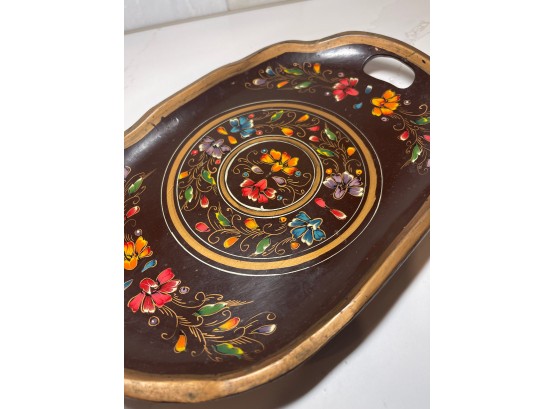 Vintage Tole Painted Wooden Tray, Mexican Inspired