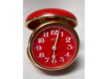 Amazing Vintage Linden Travel Alarm Clock In Bright Red Compact Case