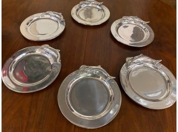 6 Pewter Plates With Dolphin Relief Designs About 8 Inch