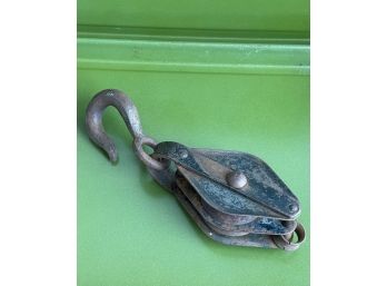 Primitive Cast Iron Double Pulley On Large Hook.