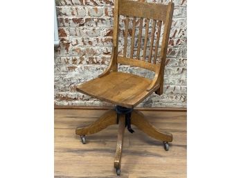 Antique Qtr Sawn Oak Bankers Chair, Armless, Adjustable, On Casters