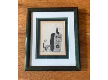 Signed  New Yorker Art By Warren Miller /Punk Rocker Playing Key Board Connected  To A Huge Speaker