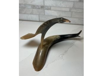 Amazing Horn Carved And Etched Fish With Standing Bird