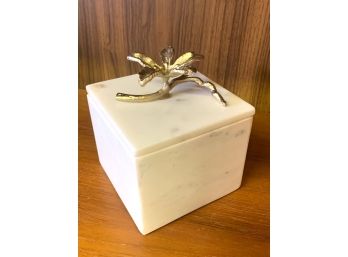 Marble Box With Brass Flower 3.5 X 4 Inches