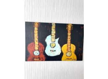 Contemporary Colorful Guitar Trio Art Piece.  Board Mounted W/ Artist Signature