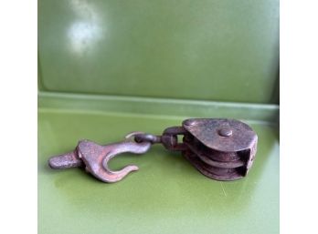 Primitive Cast Iron Double Pulley  With Special Clasp On Large Hook