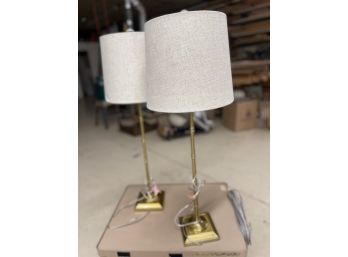 Pair Of High End Gold Bamboo Lamps With Taupe Linen Shades.