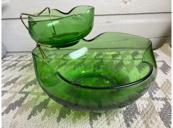 Green Two Level Mid Century Chip And Dip Bowls