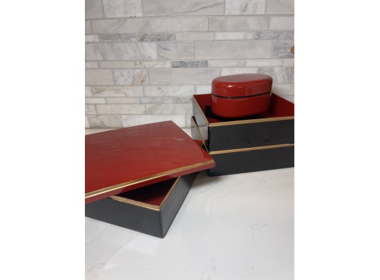 Japanese Red And Black Lacquer Stacking Boxes And Oval Lidded Box