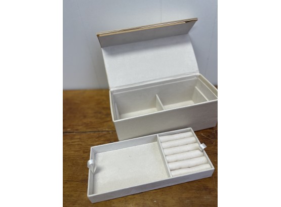 Faux Leather Jewelry Box With Cream Velvet Interior, Magnetic Closure, Brass Detail.