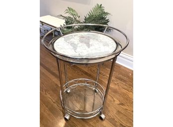 Bar Cart W/ Glass World Map Top.   Bottle And Stemware Storage, On  Casters
