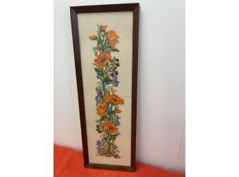 Nicely Framed Crewel Embroidery, Bright Colors, Expertly Stitched.  11.5 X 32.5