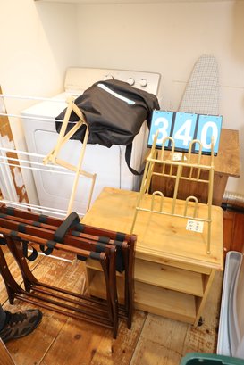 LOT 340 - FURNITURE / AIRBED, IRONING BOARD, DRYING RACKS (WASHER DRYER NOT FOR SALE)