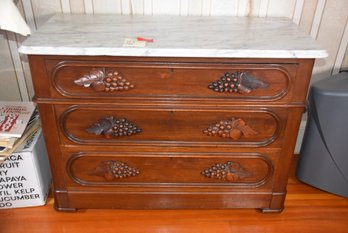 LOT 74 - ANTIQUE DRESSER WITH MARBLE TOP, FRUIT CARVED PULLS