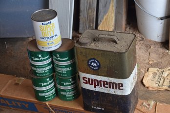 LOT 112 - VINTAGE CANS, 5 ARE FULL OF OIL