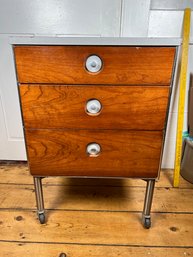 208 - VERY UNIQUE METAL CABINET,  INDUSTRIAL MID CENTURY, LIKE A DOCTORS CABINET, ON ROLLERS, SO COOL!