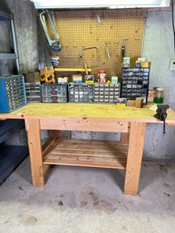 341 - REALLY NICE WORKSHOP TABLE, VISE AND ALL CONTENTS - PEGBOARD TOO! GROUND LEVEL