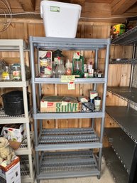 354 - PLASTIC STORAGE RACK, WITH ALL CONTENTS! MUST SEE! LOTS OF NICE VINTAGE CAMPING STOVES, LANTERNS AND MOR