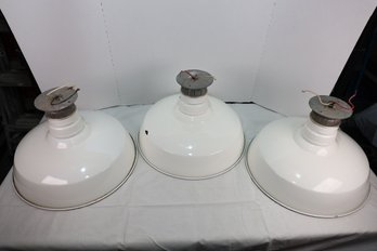 LOT 155 - THREE AMAZING LARGE 16' PORCELAIN INDUSTRIAL LIGHT SHADES IN A RARE WHITE! - AMAZING CONDITIONS!