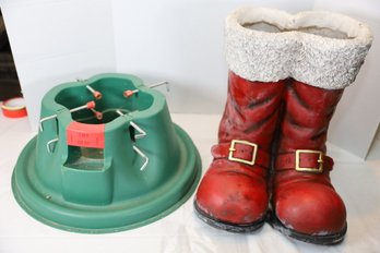 LOT 101 - VERY HEAVY (MAYBE PLASTER) DECOR BOOTS AND OTHER CHRISTMAS RELATED ITEMS