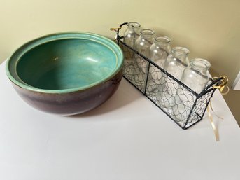 40 - BOWL AND DECOR BOTTLES IN METAL RACK