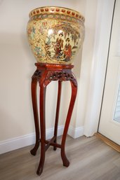 LOT 5 - LARGE ASIAN VASE ON WOODEN STAND - REALLY PRETTY!