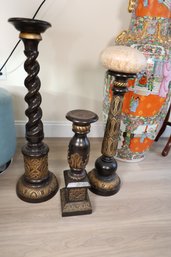 LOT 7 - THREE LARGE CANDLE HOLDERS /DECOR