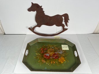 79 - METAL HORSE, AND ANTIQUE TRAY