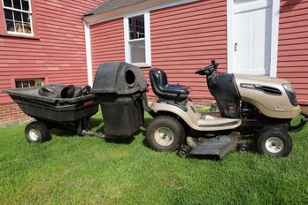 LOT 1 - CRAFTSMAN RIDING MOWER WITH BAGGER AND CART! RUNS AND CUTS GREAT!