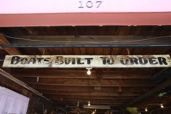 LOT 26 - ANTIQUE HAND PAINTED WOOD (95' LONG!) 'BOATS BUILT TO ORDER' SIGN, WAS ADVERTISING FOR BOAT BUILDER!