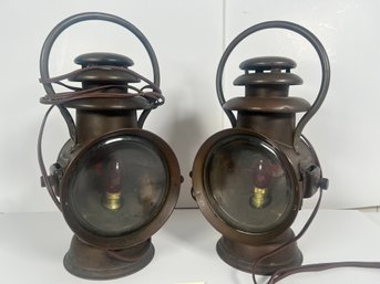 145 - TWO VERY EARLY NY. DIETZ LAMPS, WIRED FOR LIGHTS, VERY NICE!
