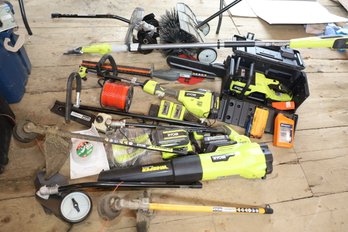 LOT 68 - LARGE LOT OF NEWER RYOBI TOOLS - BLOWER, CHAINSAW, POLESAW AND MORE!
