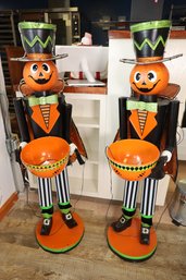 100 - TWO HALLOWEEN DECOR  TALL PUMPKIN DISPLAYS WITH BUCKETS (THEY ARE ELECTRIC)