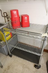 110 - METAL ROLLING RACK WITH RED BUCKETS