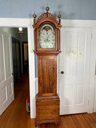 204 - AMERICAN CLOCK, CIRCA 1820, BRASS WORKS, 8 DAY CALENDAR AND MOON,  LOCATED NEXT TO EXTERIOR DOOR!