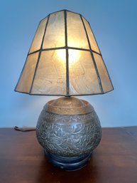 265 - ORIENTAL CAPIZ SHELL LAMP  BRASS, WOODEN BASE