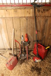 LOT 15 - GAS CANS, TOOLS, WEED WACKER